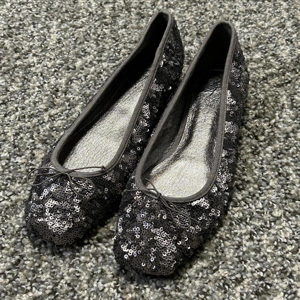 Adrianna Papell NEW Y2K 00s Dark Silver Sequined Square-Toed Ballet Flats Sz 6.5